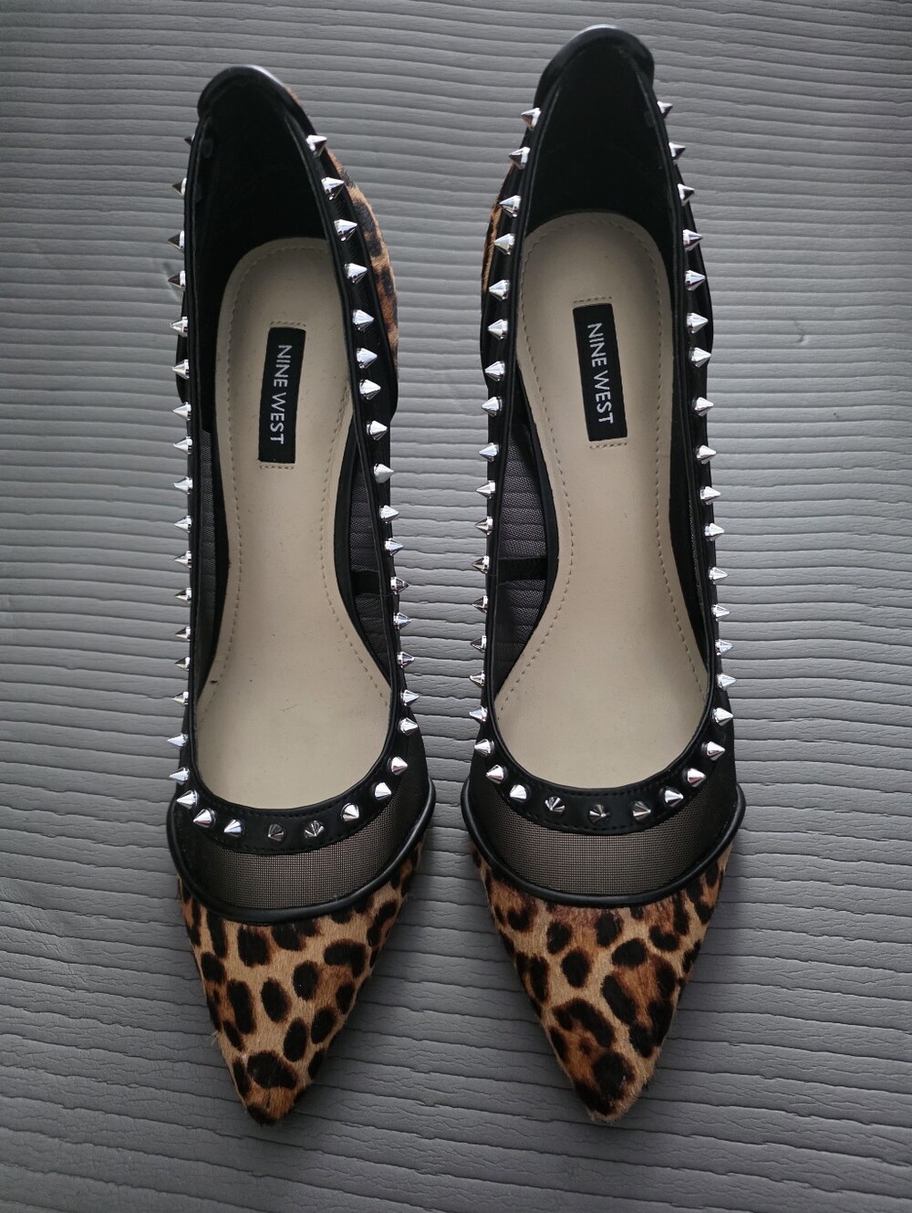 Nine West Leopard Print Pointed-Toe,  Studded Stiletto Pump, Brown/Black, Sz 9.5